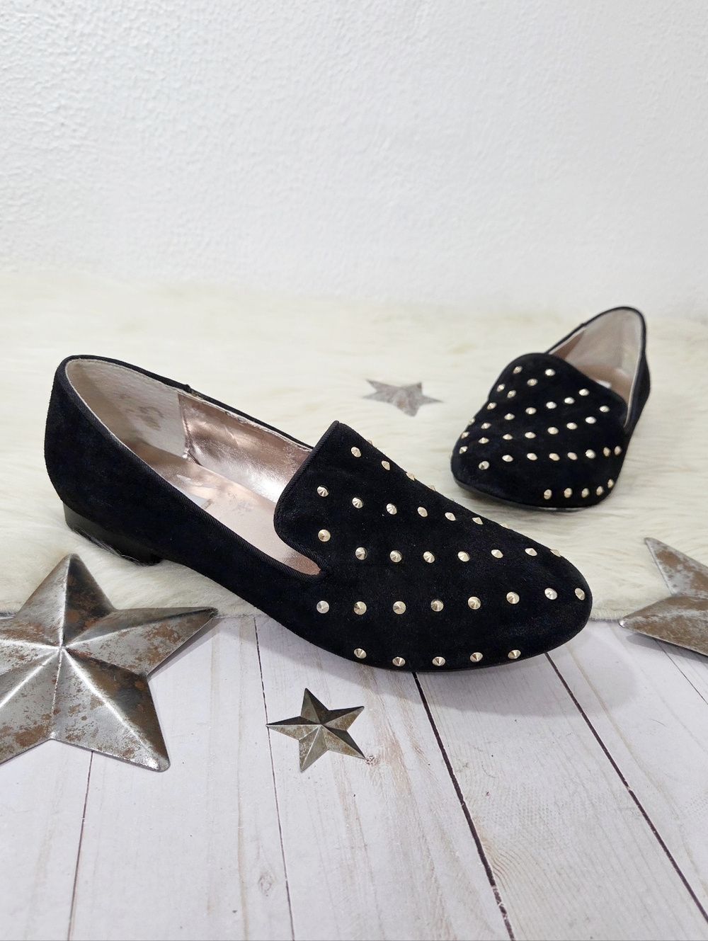 Steve Madden Garner gold studded black suede loafers women's shoes size 8.5